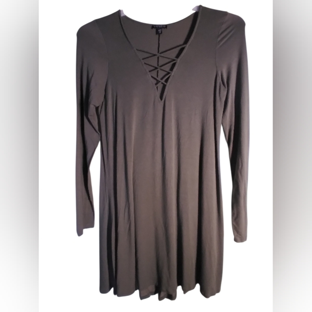 Express Olive Green Long Sleeve T Shirt Dress Flowy Stretchy Lounging V Neck M
